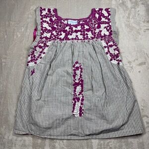 Mi Golondrina Embroidered Floral Striped Purple White Grey Boho Blouse Size M